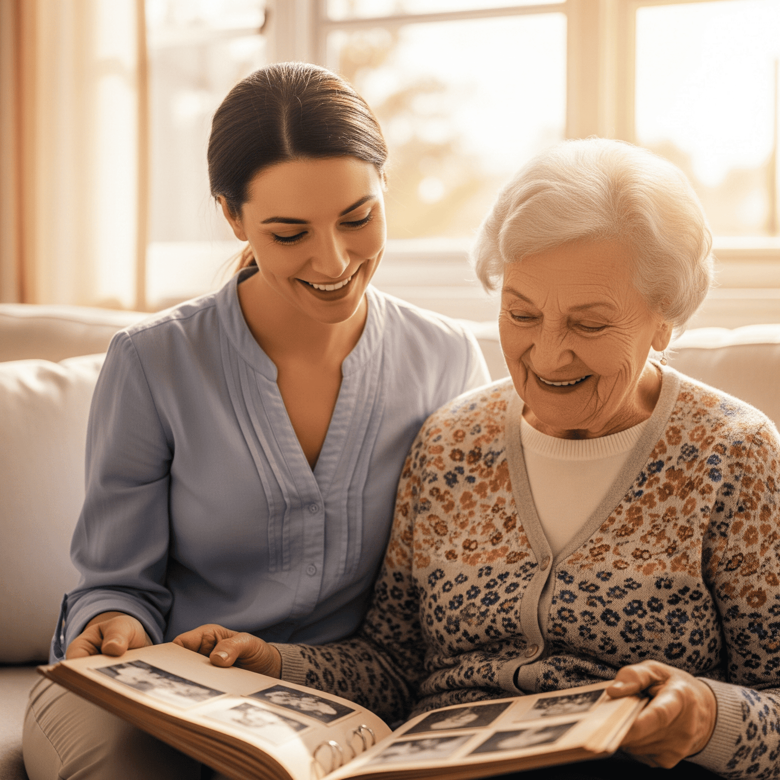 Cuidadora de ActivaCare en Málaga realizando estimulación cognitiva con una persona mayor viendo un álbum de fotos