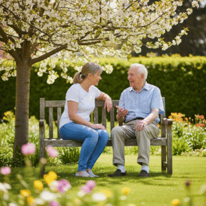 Cuidadora de Activa Care en Málaga ofreciendo acompañamiento a persona mayor.