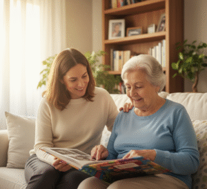 Atención Centrada en la Persona: Cuidadora y mayor compartiendo un álbum de fotos en casa.