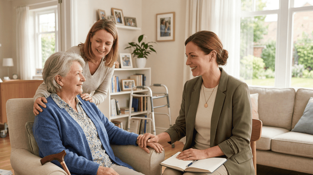 Psicóloga gerontóloga coordinando el regreso a casa seguro de una persona mayor tras el hospital. Se muestra a la mayor sonriente con su hija, ayuda a domicilio y equipamiento médico al fondo.