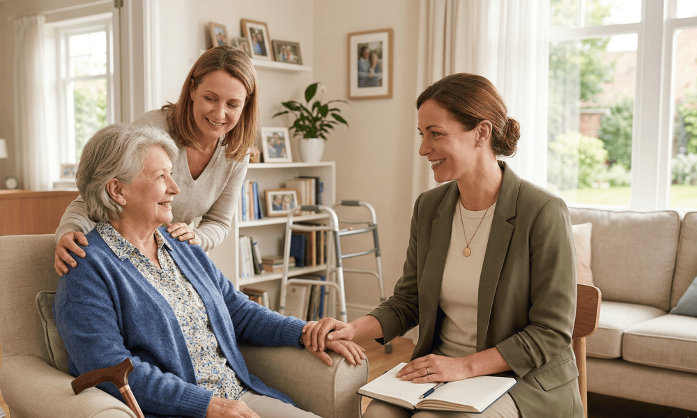 Psicóloga gerontóloga coordinando el regreso a casa seguro de una persona mayor tras el hospital. Se muestra a la mayor sonriente con su hija, ayuda a domicilio y equipamiento médico al fondo.